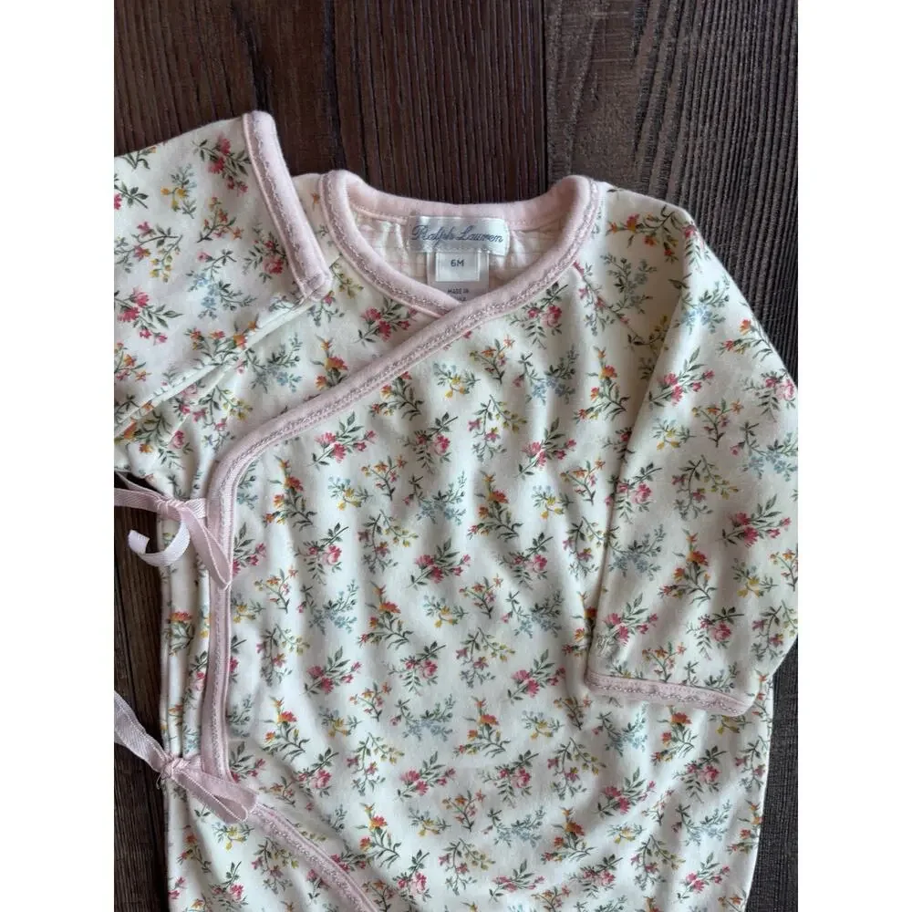 Vtg Ralph Lauren Y2K Powder Pink Floral Tie Front Cottagecore Sleeper 6mo